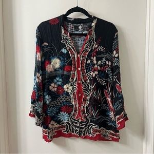 Citron Santa Monica Silk Patterned Button Front Blouse Size Medium